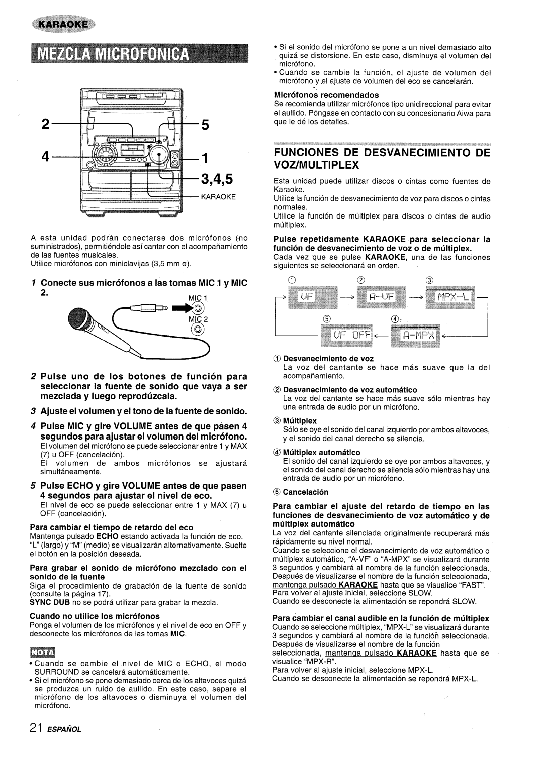 Sony NSX-A707 manual Voz/Multiplex, Conecte sus microfonos a Ias tomas MIC 1 y MIC 