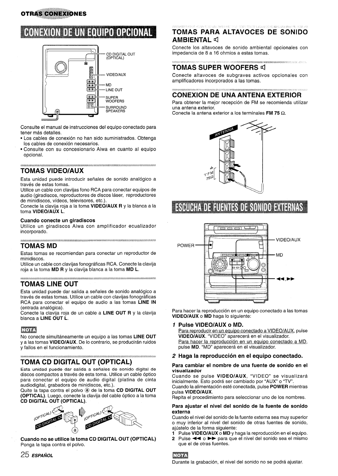 Sony NSX-A707 manual Tomas PARA’ Altavoces DE Sonido Ambiental, Conexion DE UNA Antena Exterior, Tomas VIDEO/AUX, Tomas MD 