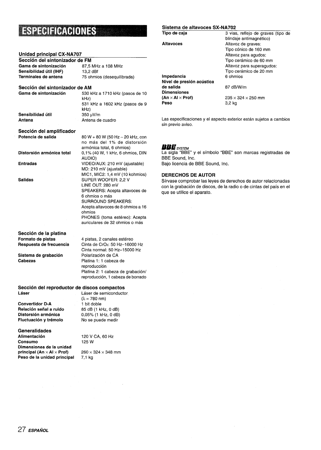 Sony NSX-A707 manual Seccion del sintonizador de AM, Del amplificador Potenciade salida, Derechos DE Autor 