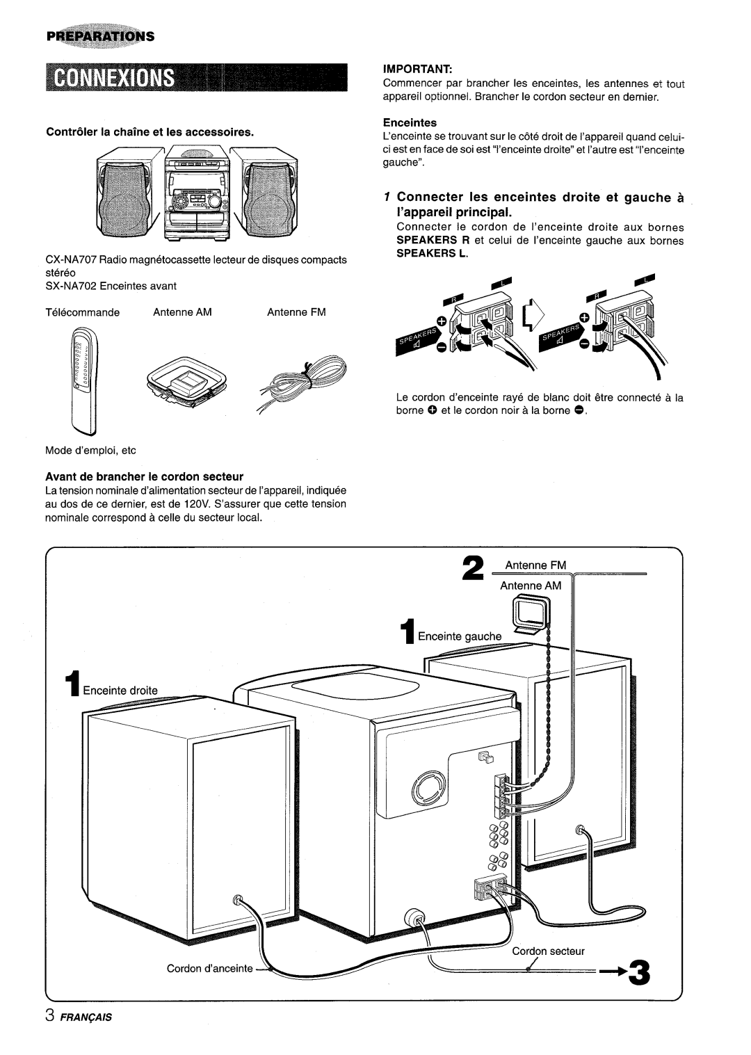 Sony NSX-A707 manual Speakers L, Contr61er la chaine et Ies accessoires, Stereo, Nominalecorresponda celle du secteur local 