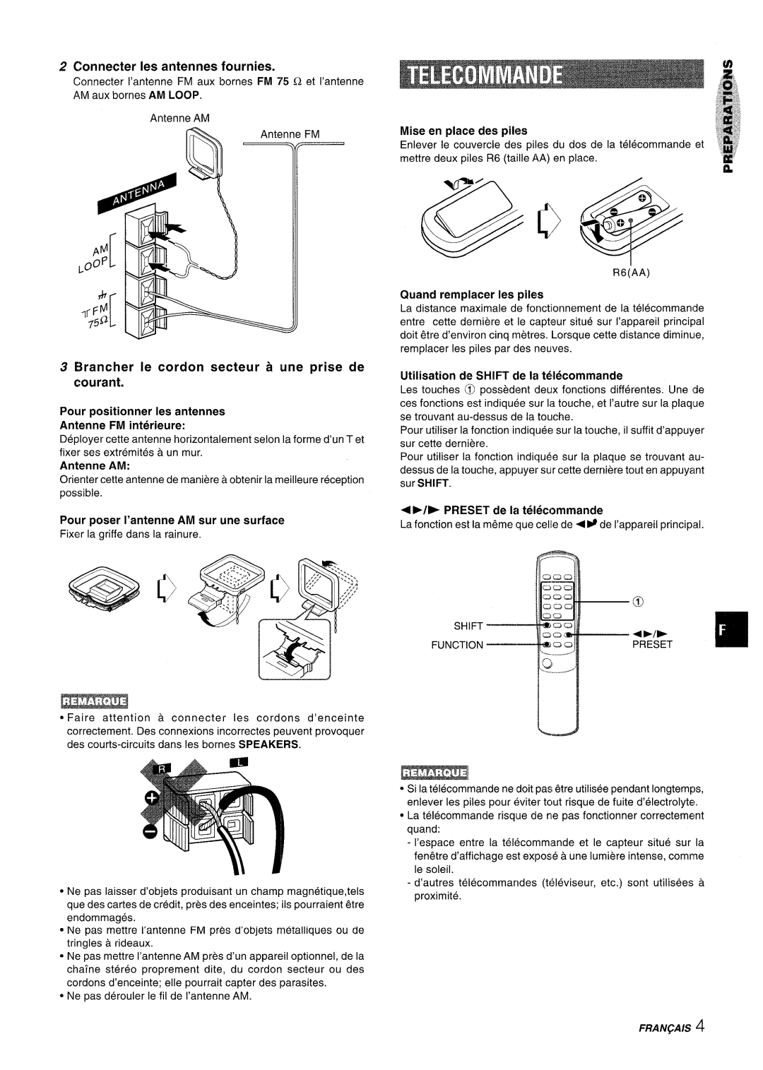 Sony NSX-A707 manual Connecter Ies antennes fournies, Elrancher Ie cordon secteur a une prise de courant, Function Preset 