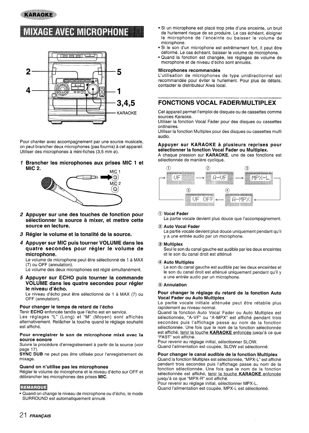 Sony NSX-A707 manual Fonctions Vocal FADER/MULTIPLEX, Quand on n’utilise pas Ies microphones, Microphones recommandes 