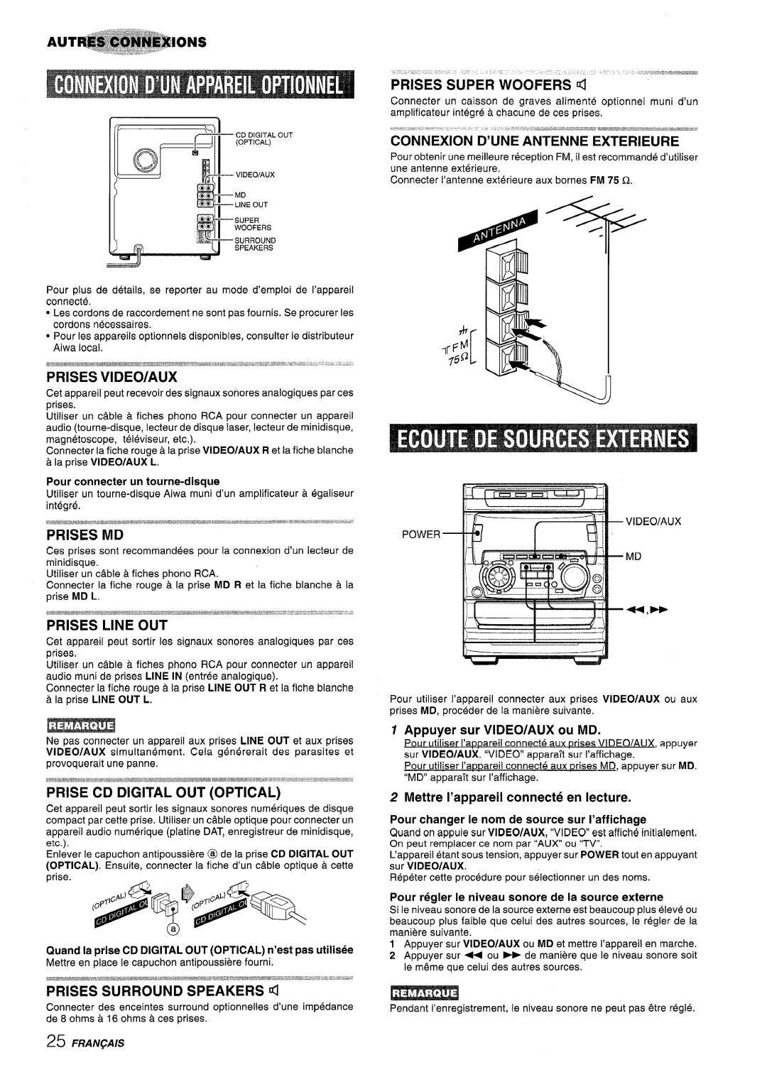 Sony NSX-A707 manual IONNEXION thmiE Antenne Exterieure, Armuver sur VIDEO/AUX ou MD, Mettre I’appareil connecte en lecture 