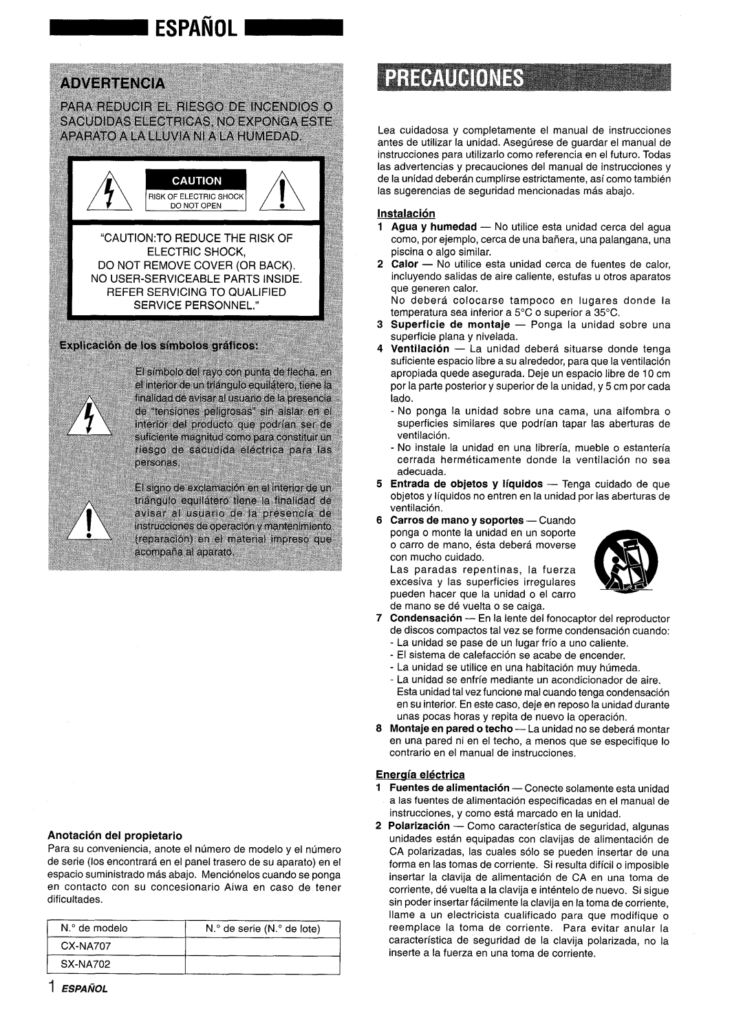 Sony NSX-A707 manual Eneraia electrica, Anotacion del propietario, Instalacion 