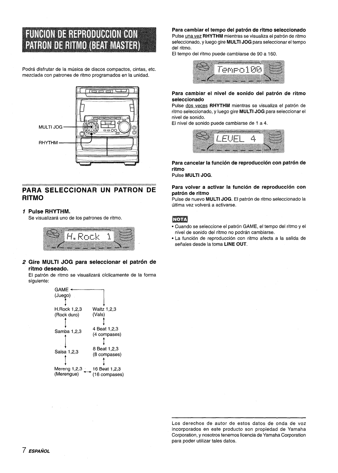 Sony NSX-A707 manual Para Seleccionar Un Patron De Ritmo, Pulse RHYTHM, Pulse MULTI JOG 