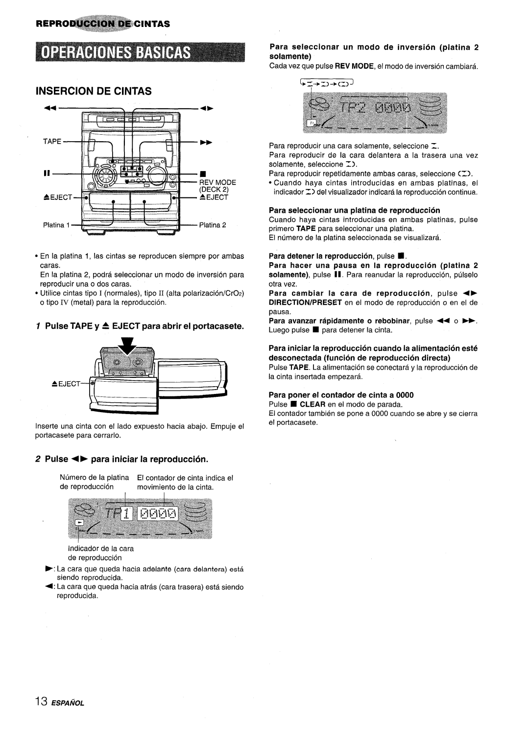 Sony NSX-A707 manual Insercion, De Cintas, Z.,.,, ----- ‘, Para seleccionar un modo de inversion platina 2 solamente, r-ff 