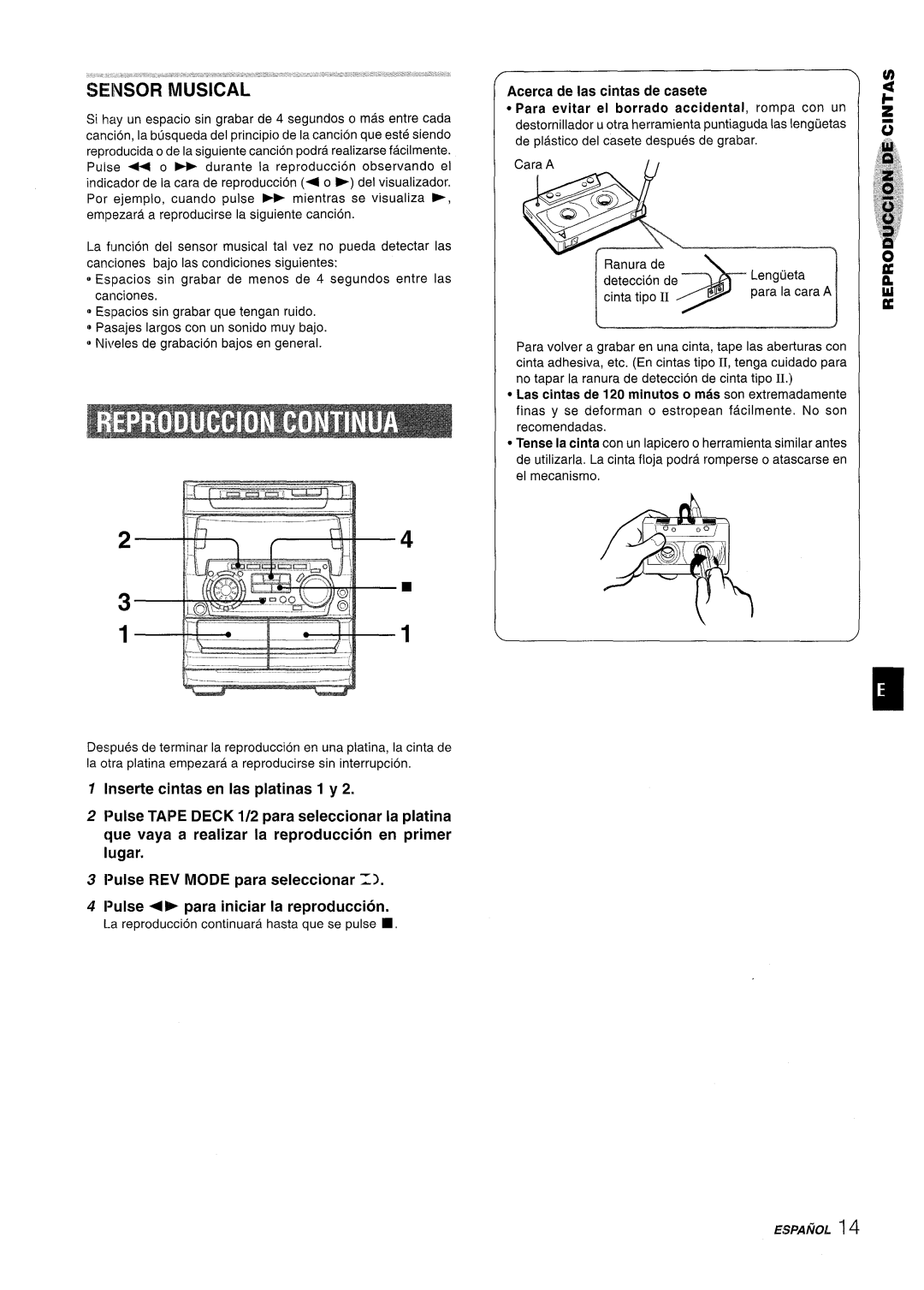 Sony NSX-A707 manual Inserte cintas en las platinas 1 y, Pulse TAPE DECK 1/2 para seleccionar la platina 