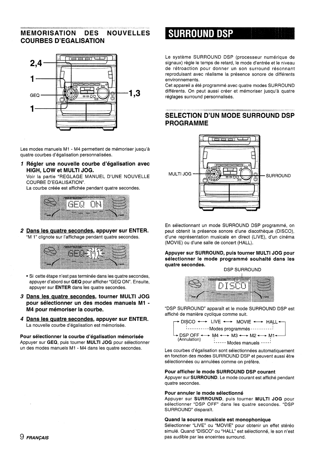 Sony NSX-A707 manual Memorisation Des Nouvelles Courbes D’Egalisation, Selection D’Un Mode Surround Dsp Programme 