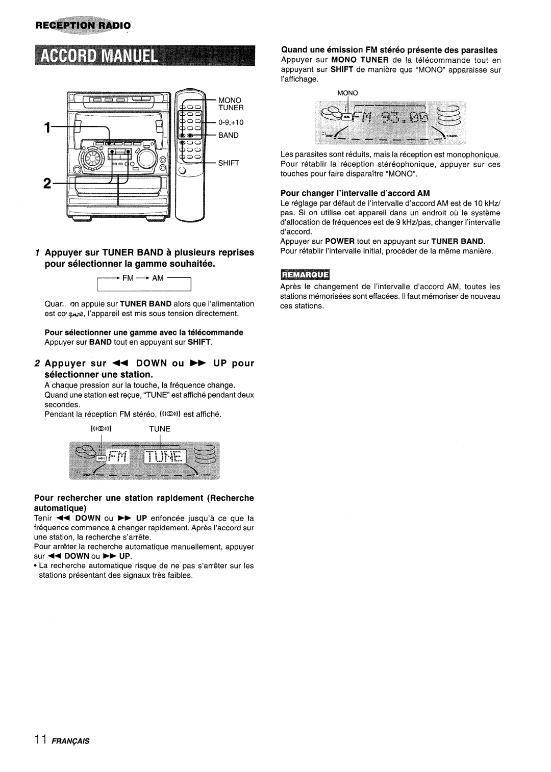 Sony NSX-A707 manual Fm - Am, Appuyer sur + DOWN ou - UP pour selectionner une station, r---1 