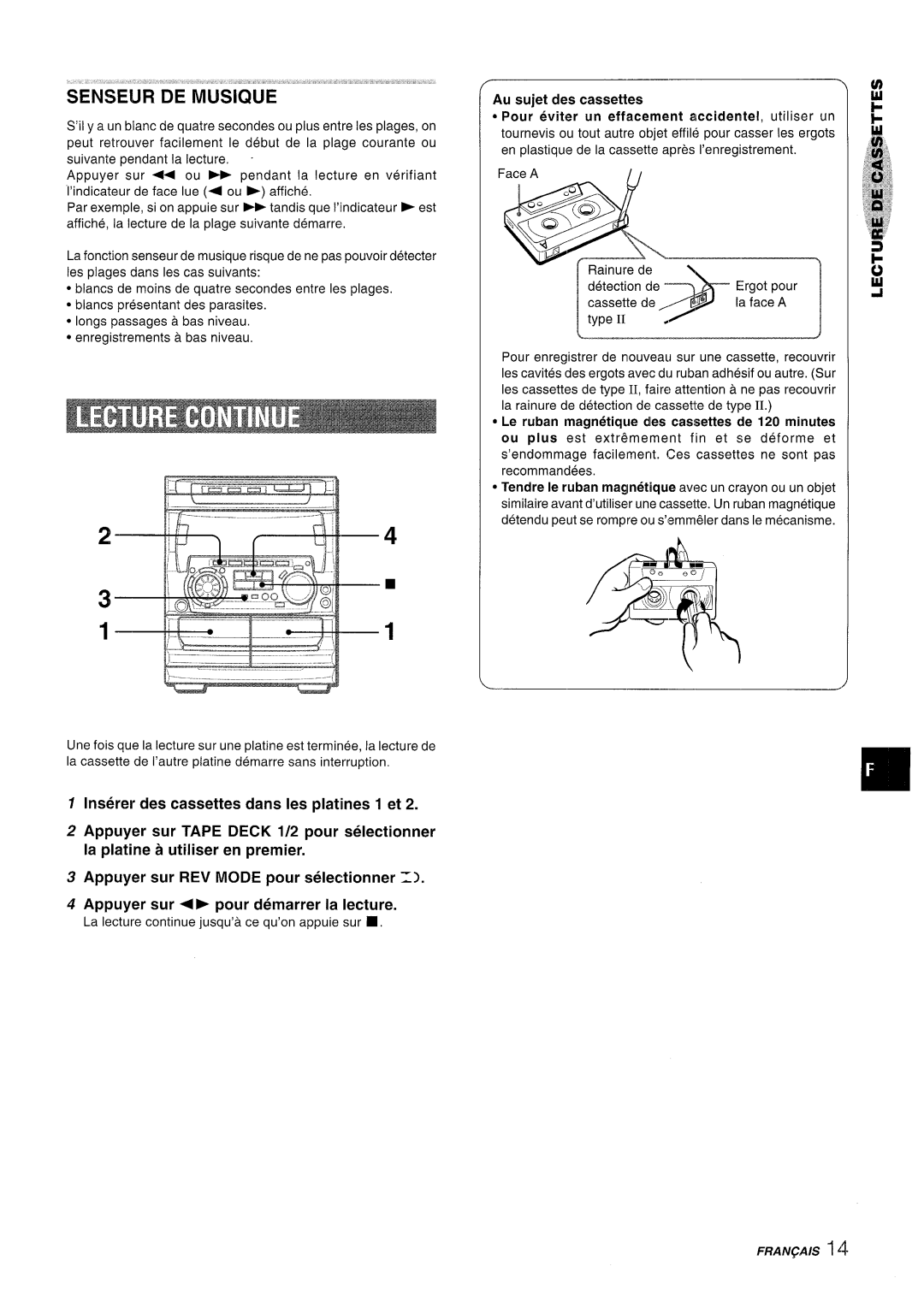 Sony NSX-A707 manual Inserer des cassettes clans Ies platines 1 et, Appuyer sur REV MODE pour selectionner 