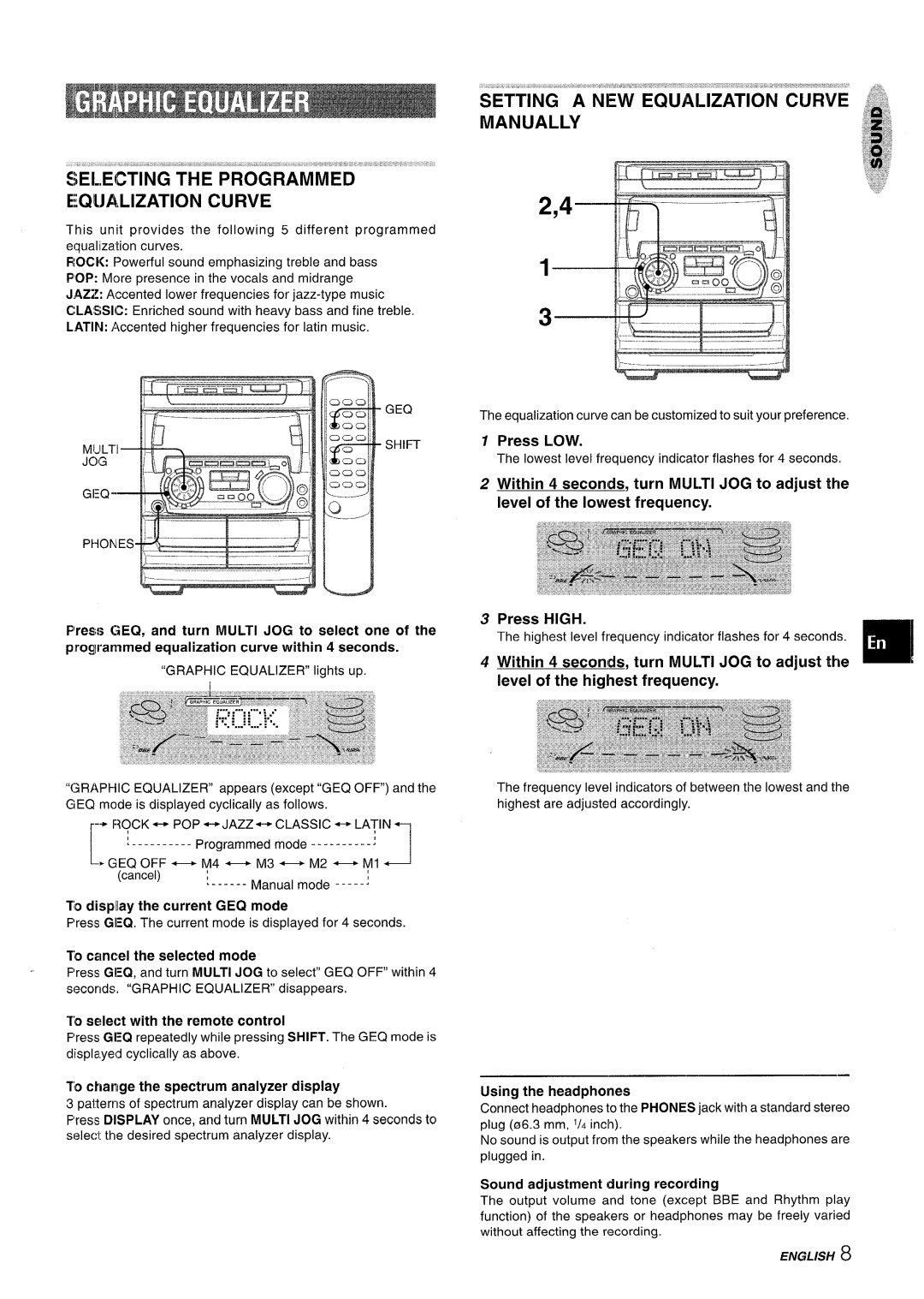 Sony NSX-A707 manual iEI.,EiiTING THE PR0GRAMiiii5 EQJALIZATION CURVE, Setting A New Equalization Curve Manually, Press LOW 