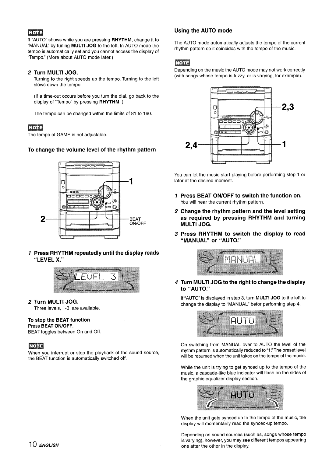 Sony NSX-A767 manual Turn Multi JOG, To change the volume level of the rhythm pattern, Using the Auto mode 