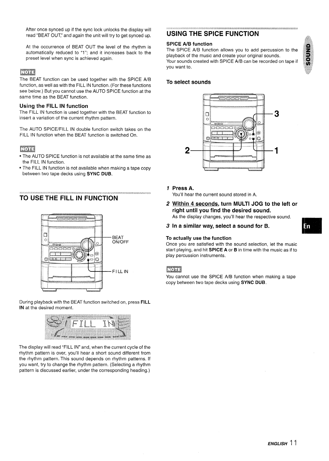 Sony NSX-A767 manual Using the Spice Function, Using the Fill in function, To select sounds, Press a 