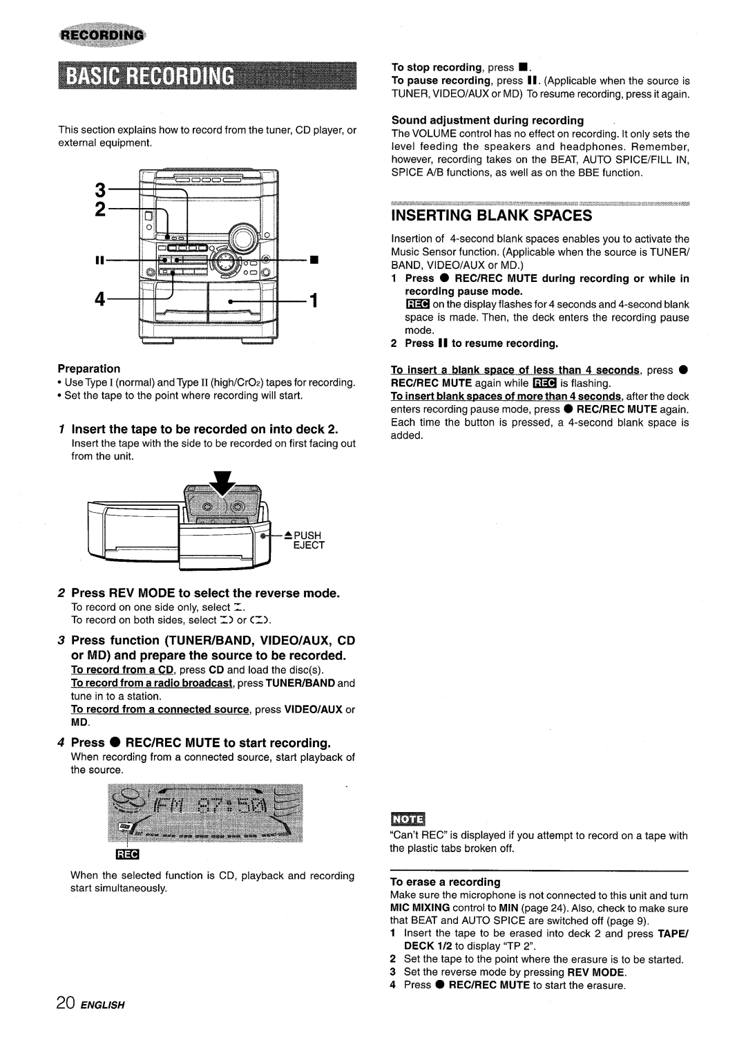 Sony NSX-A767 Inserting Blank Spaces, Insert the tape to be recorded on into deck, Press REC/REC Mute to start recording 