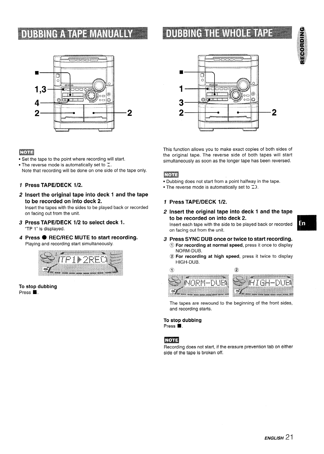 Sony NSX-A767 manual Press TAPE/DECK 1/2 to select deck, Press Sync DUB once or twice to start recording 