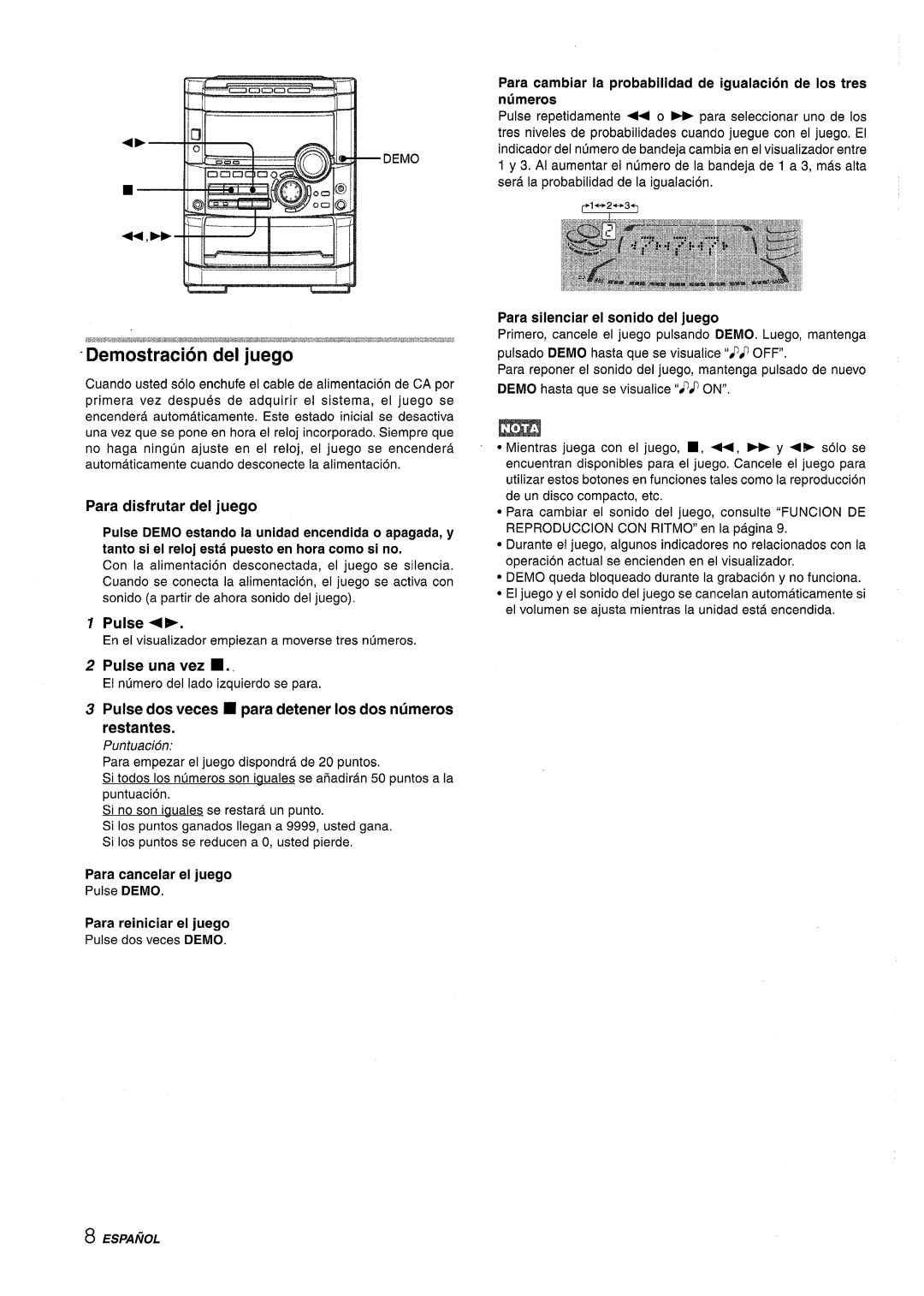 Sony NSX-A767 manual Demostracion del juego 