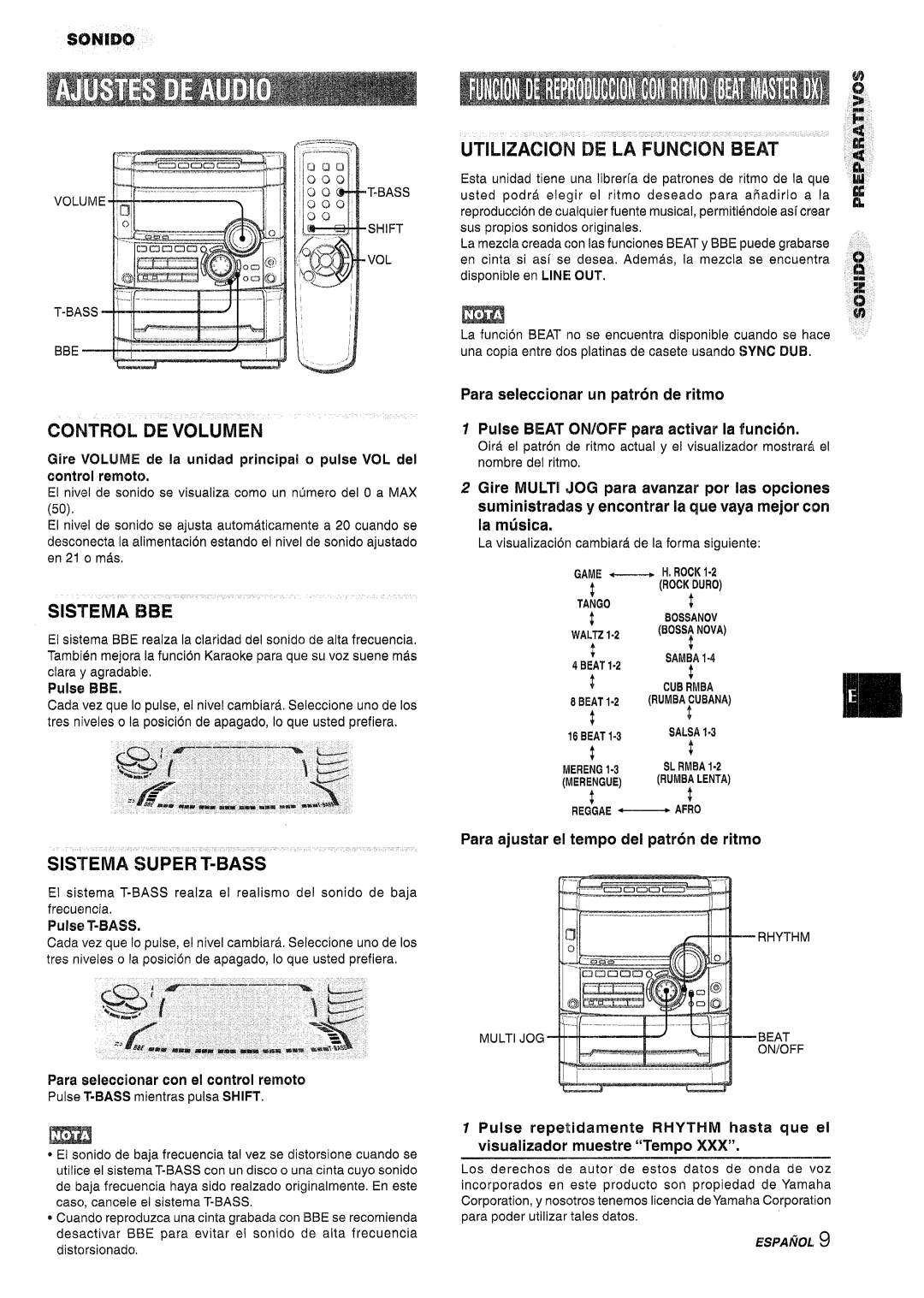 Sony NSX-A767 manual Control DE Volumen, Utilization DE LA Funcion Beat, SISTfEMA BBE, Sistema Super T-BASS 