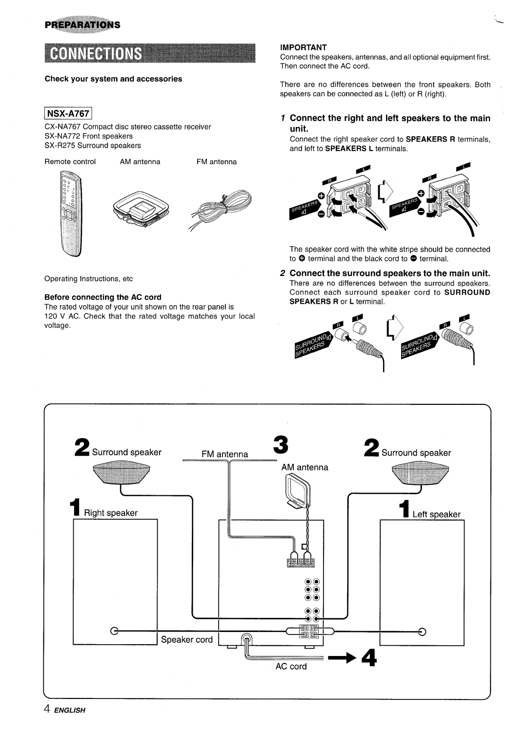 Sony NSX-A767 manual Connect the right and left speakers to the main Unit, Connect the surround speakers to the main unit 