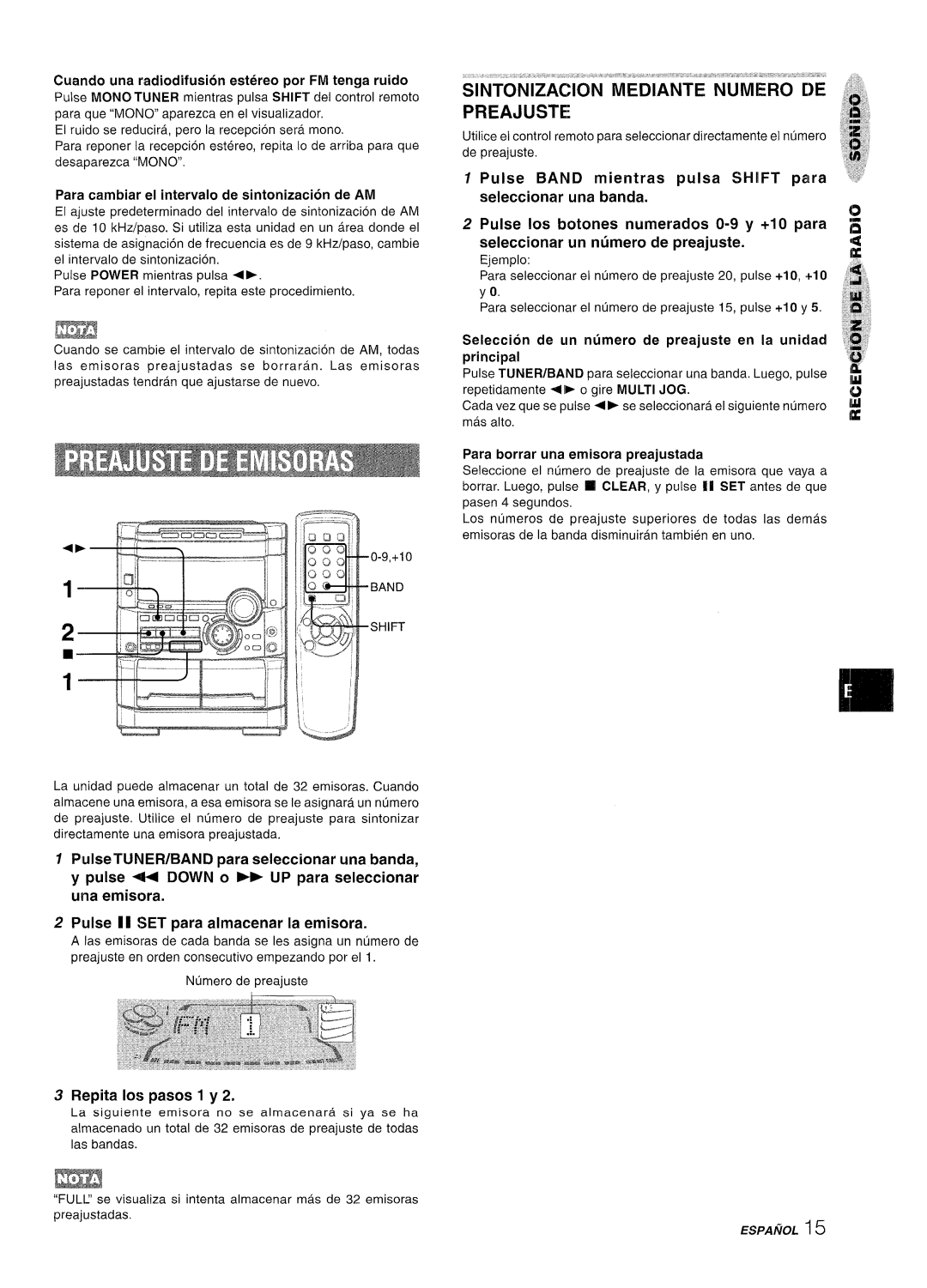 Sony NSX-A767 manual Sintonizacion Mediante Numero DE Preajuste, Una emisora, Repita Ios pasos 1 y 