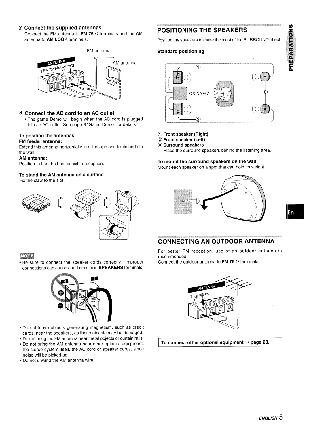 Sony NSX-A767 manual Positioning the Speakers, Connect the supplied antennas, Connect the AC cord to an AC outlet 