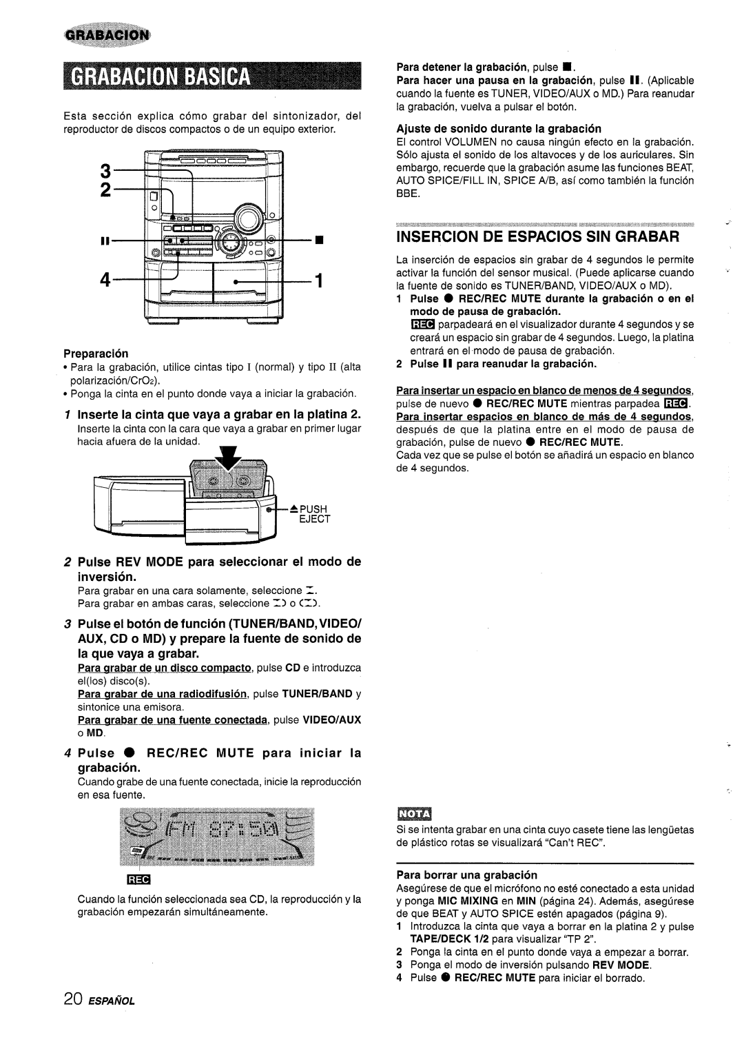 Sony NSX-A767 manual Lnserte la cinta que vaya a grabar en la platina, Pulse REV Mode para seleccionar el modo de inversion 