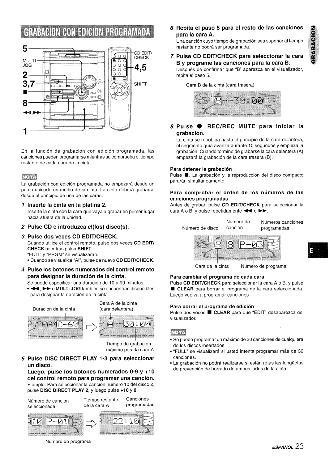 Sony NSX-A767 manual Pulse Cil e introduzca ellos discos, Grabacion, Pulse dos veces CD EDIT/CHECK 