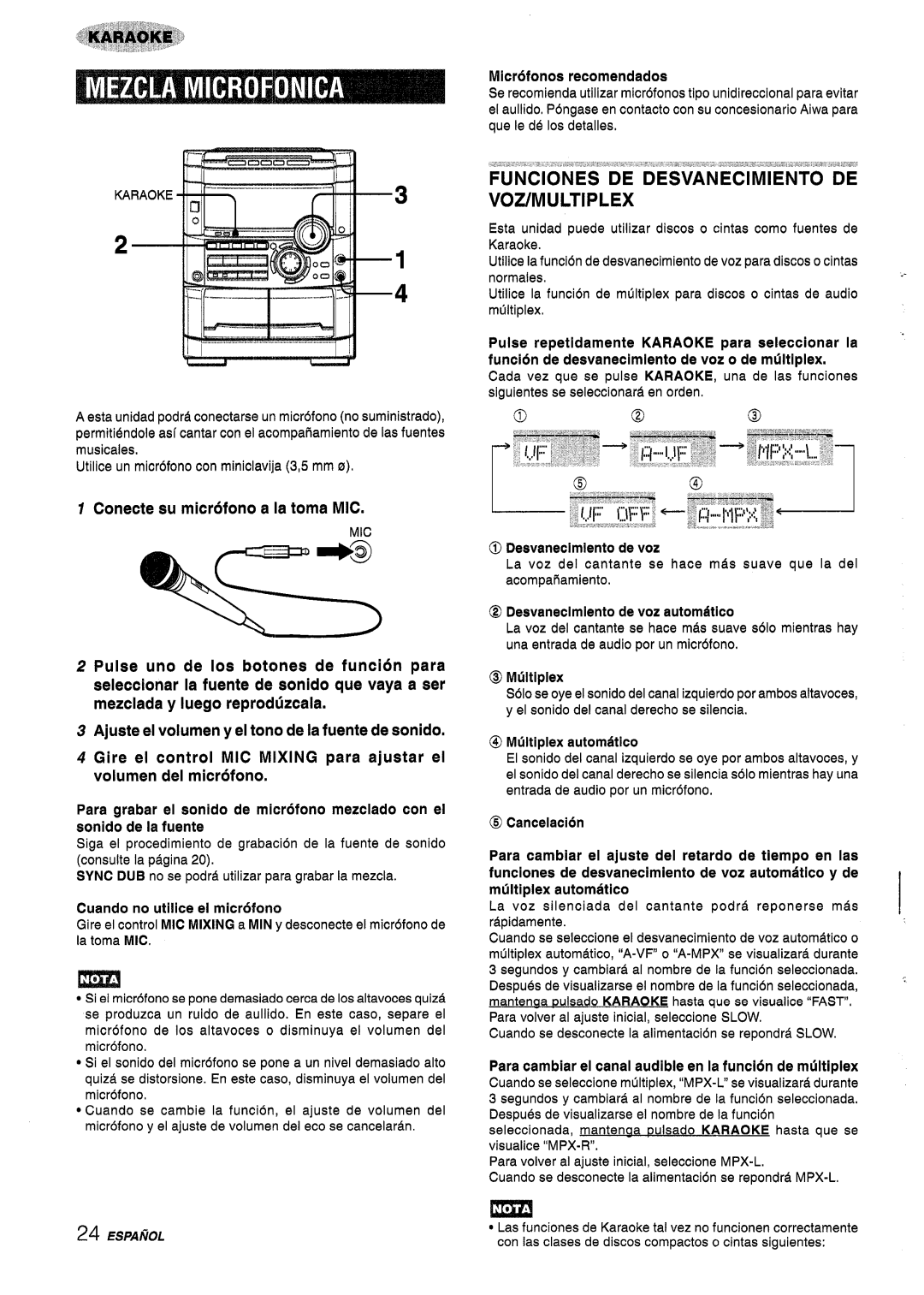 Sony NSX-A767 manual FUNClONES DE Desvanecimiento DE VOZ/MULTIPLEX, Conecte su microfono a la toma MIC 