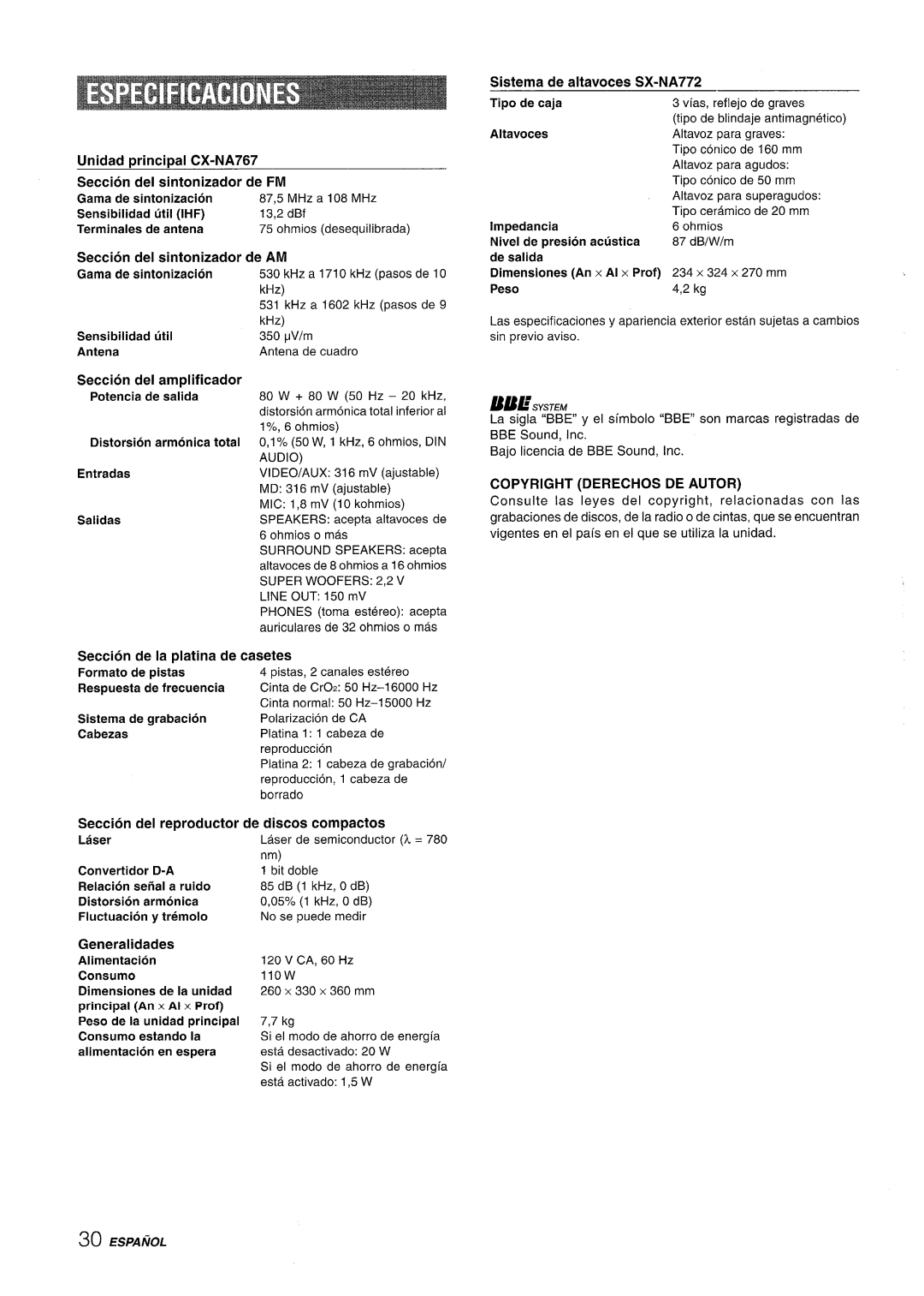 Sony NSX-A767 manual Copyright Derechos DE Autor 