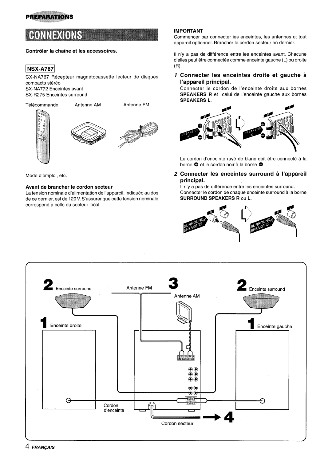 Sony NSX-A767 manual Connecter Ies enceintes surround a I’appareil principal, Controler la chaine et Ies accessoires 