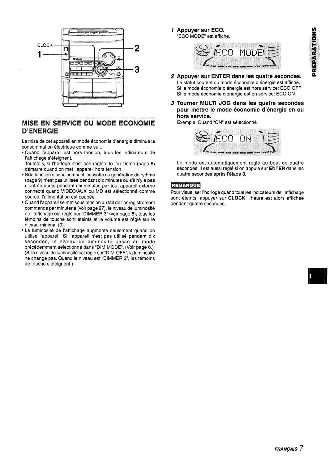 Sony NSX-A767 Mise EN Service DU Mode Economie D’IENERGIE, Appuyer sur ECO, Appuyer sur Enter clans Ies quatre secondes 