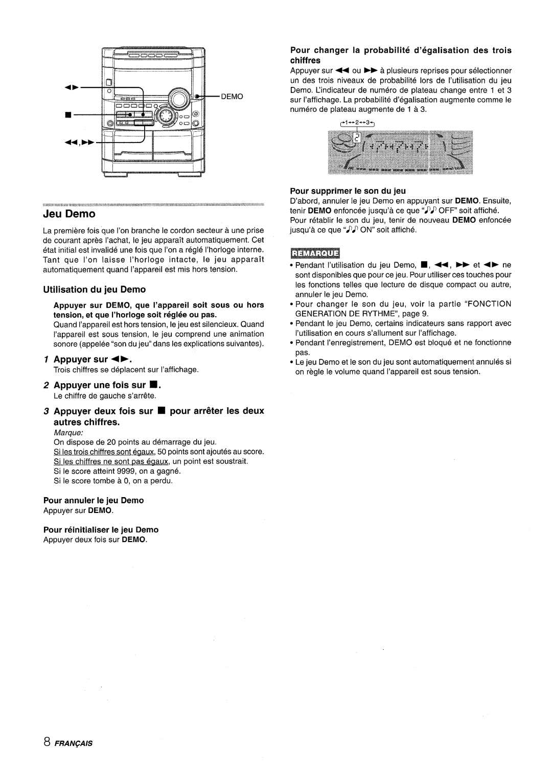 Sony NSX-A767 manual Utilisation du jeu Demo, Appuyer sur P, Appuyer une fois sur 