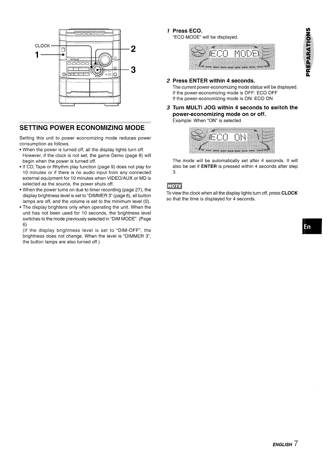 Sony NSX-A767 manual Setting Power Economizing Mode, Press ECO, Press Enter within 4 seconds 