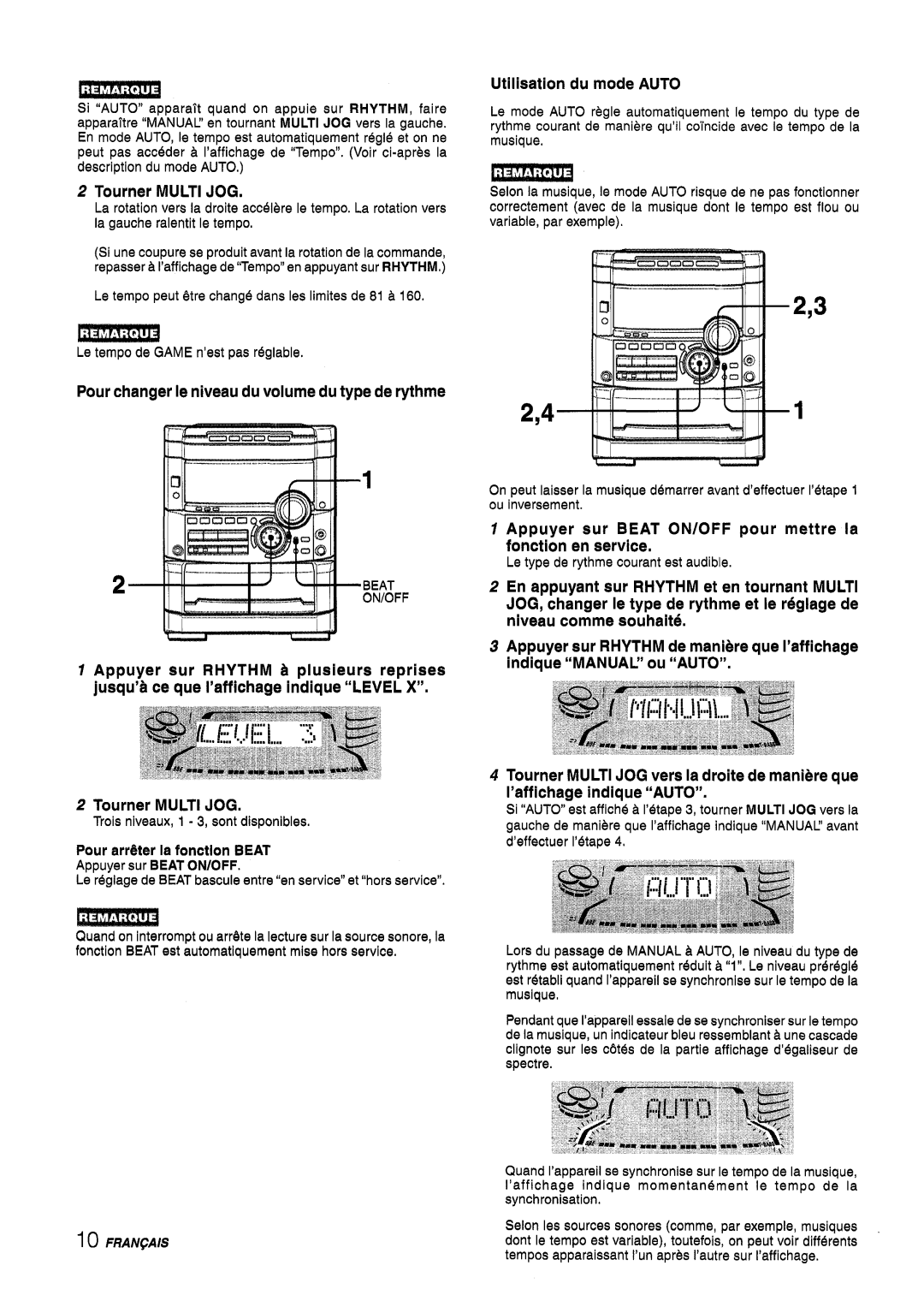 Sony NSX-A767 manual Tourner Multi JOG, Pour changer Ie niveau du volume du type de rythme, Utilisation du mode Auto 