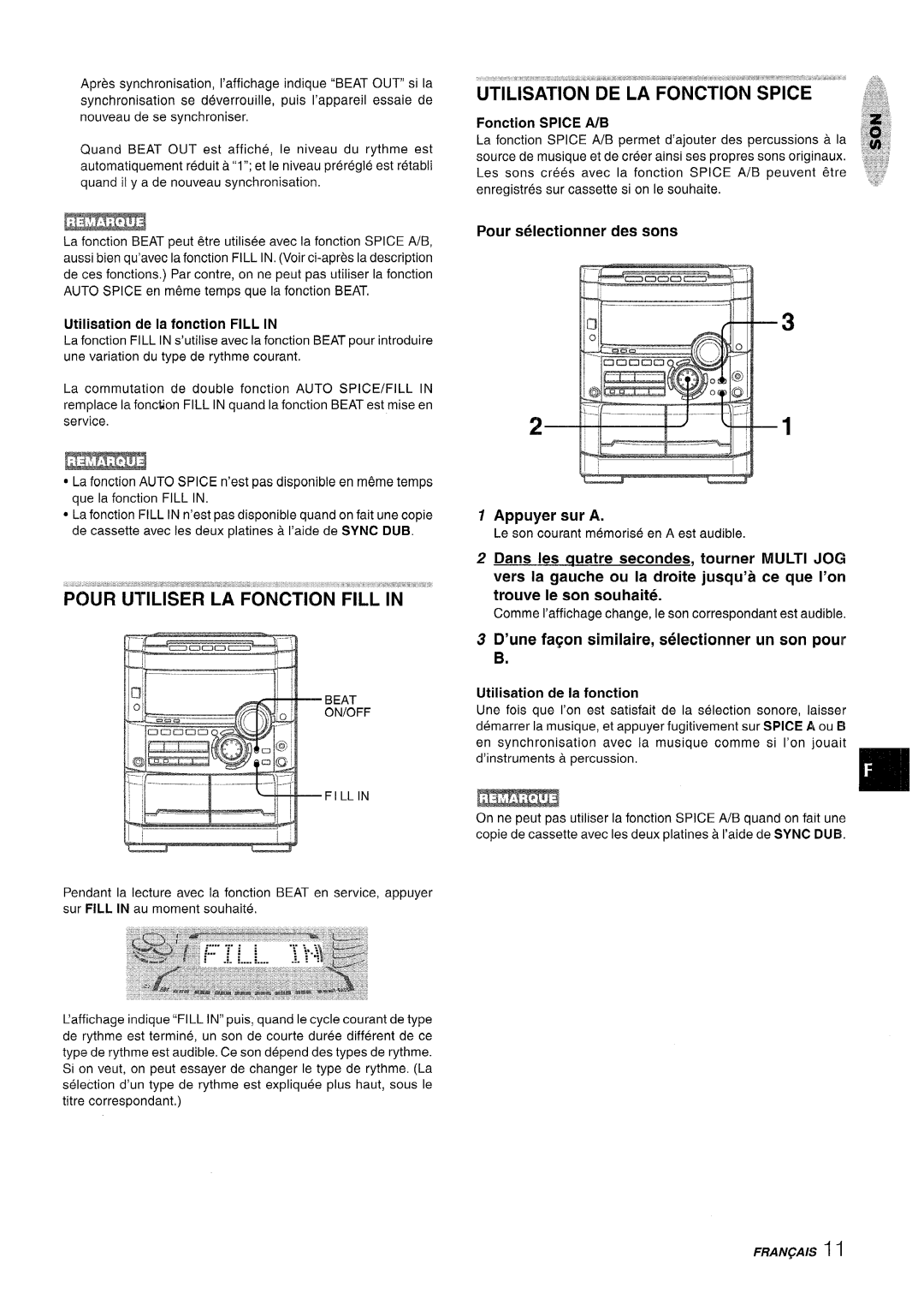 Sony NSX-A767 manual Pour Utiliser LA Fonction Fill, Pour selectionner des sons, Appuyer sur a 