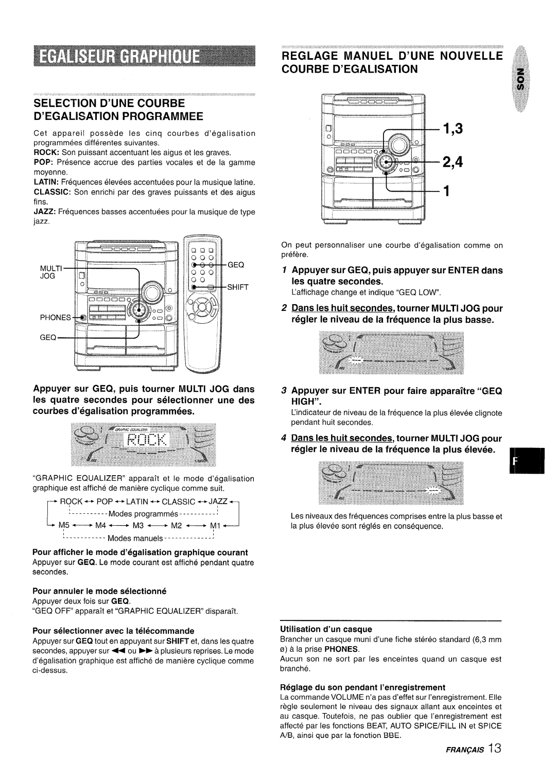 Sony NSX-A767 manual SELECTKND’UNE 60URBE, Courbe D’EGALISATION, Dans Ies huit secondes, tourner Multi JOG pour 