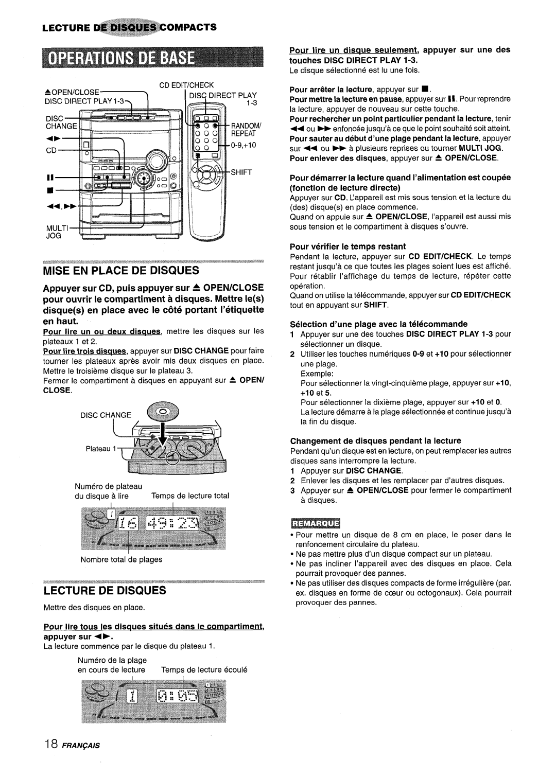 Sony NSX-A767 manual Mise EN Place DE Disques, Close, Pour verifier Ie temps restant, Tout en appuyant sur Shift 