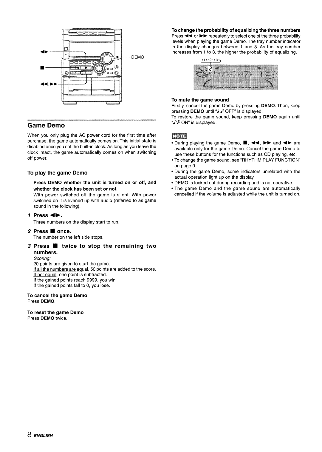 Sony NSX-A767 manual To play the game Demo, Press +, Press twice to stop the remaining two numbers 