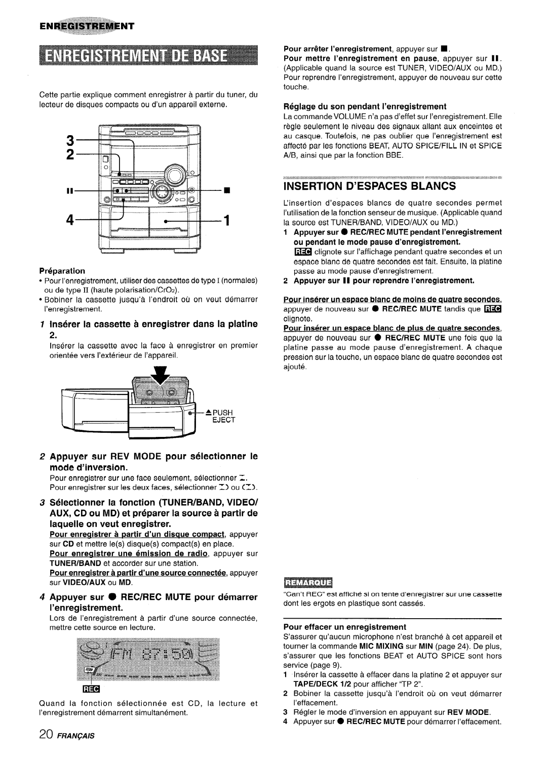 Sony NSX-A767 manual Insertion D’ESPACES Blancs, Appuyer sur REV Mode pour selectionner Ie mode d’inversion, Push Eject 