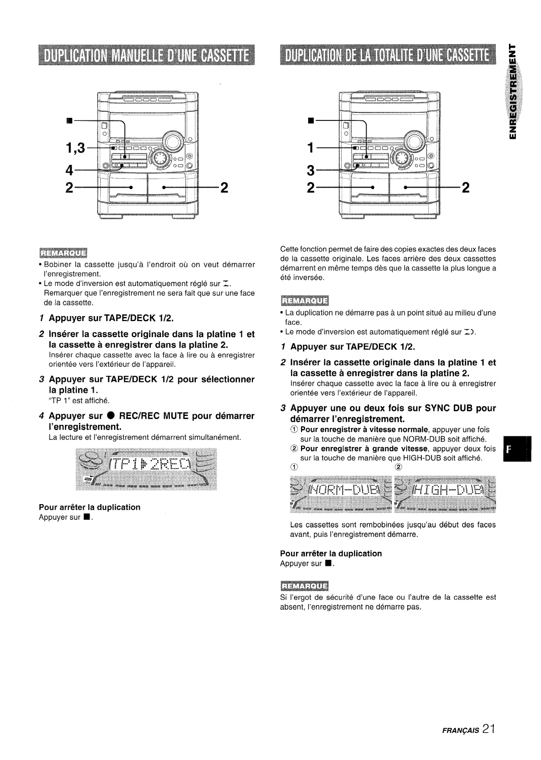 Sony NSX-A767 manual Appuyer sur TAPE/DECK 1/2 pour selectionner la platine, Pour arr&er la duplication 