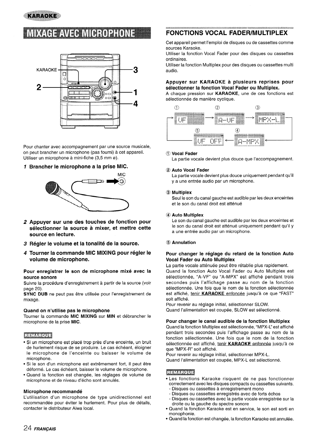 Sony NSX-A767 manual Fonctions Vocal Fadefumultiplex, Brancher Ie microphone a la prise MIC 