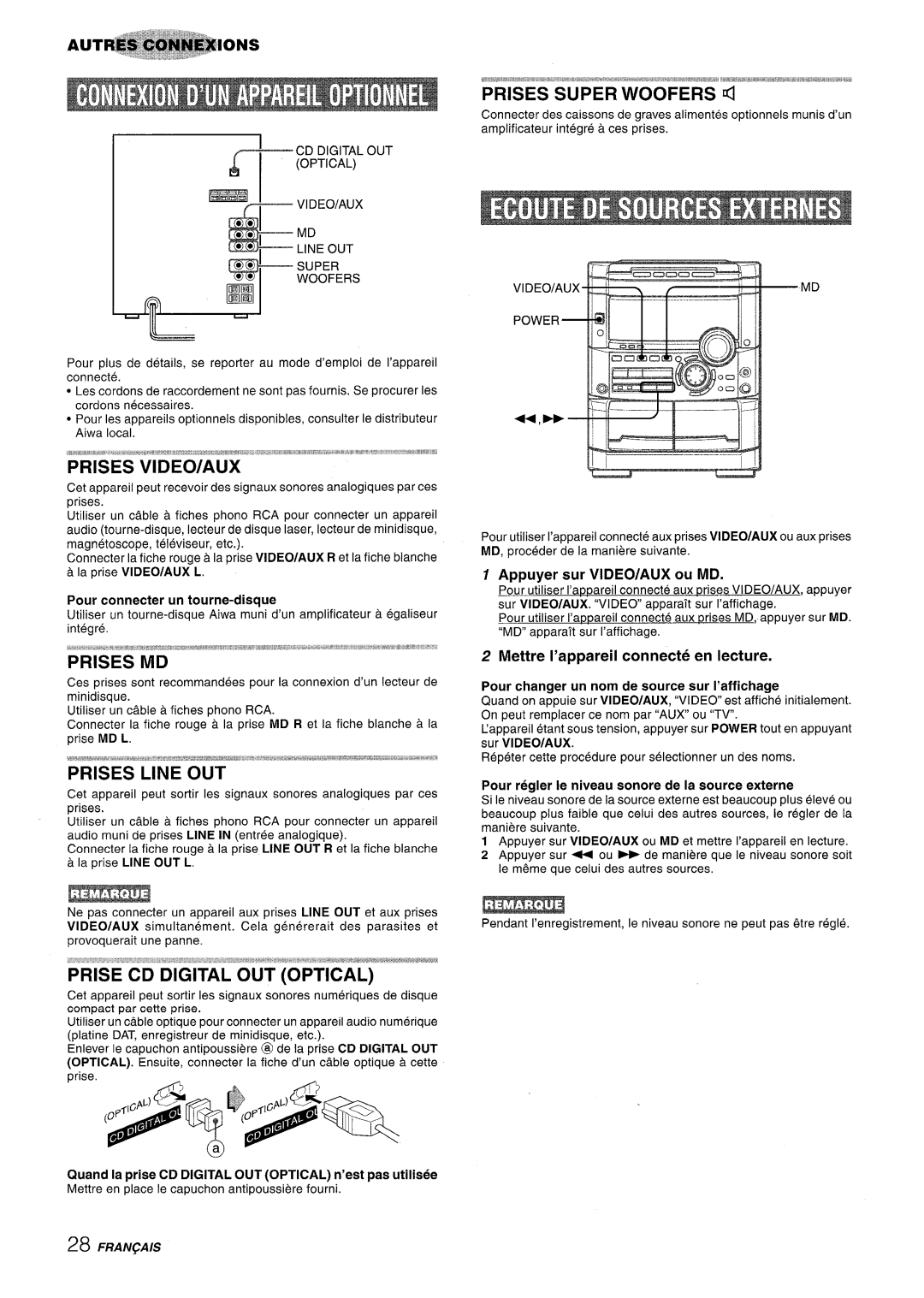 Sony NSX-A767 manual Prises Super Woofers, Appuyer sur VIDEO/AUX ou MD, Mettre I’appareil connecte en lecture 