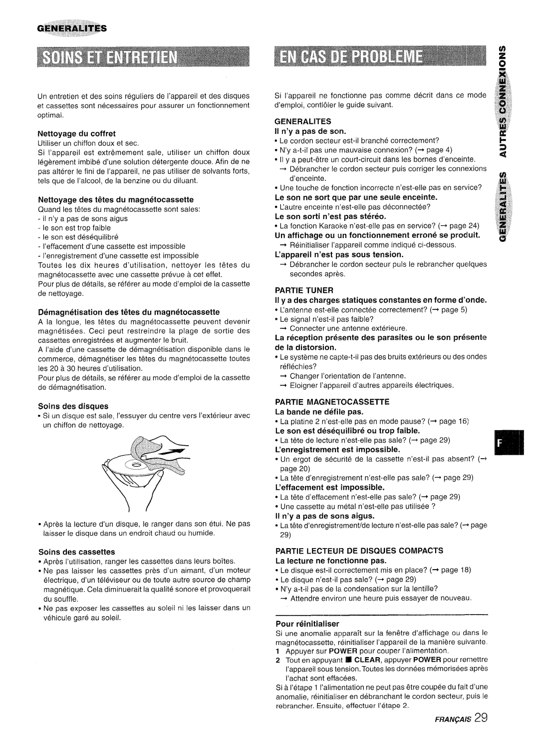 Sony NSX-A767 manual Generalities, Partie Tuner, Partie Magnetocassette, Partie Lecteur DE Disques Compacts 