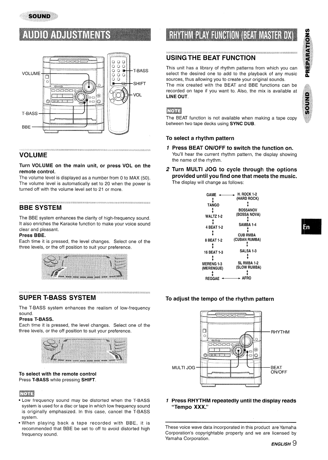 Sony NSX-A767 manual Volume ‘ ‘, USING’THE Beat Function, Provided until you find-one that m&?ts the music, Line OUT 