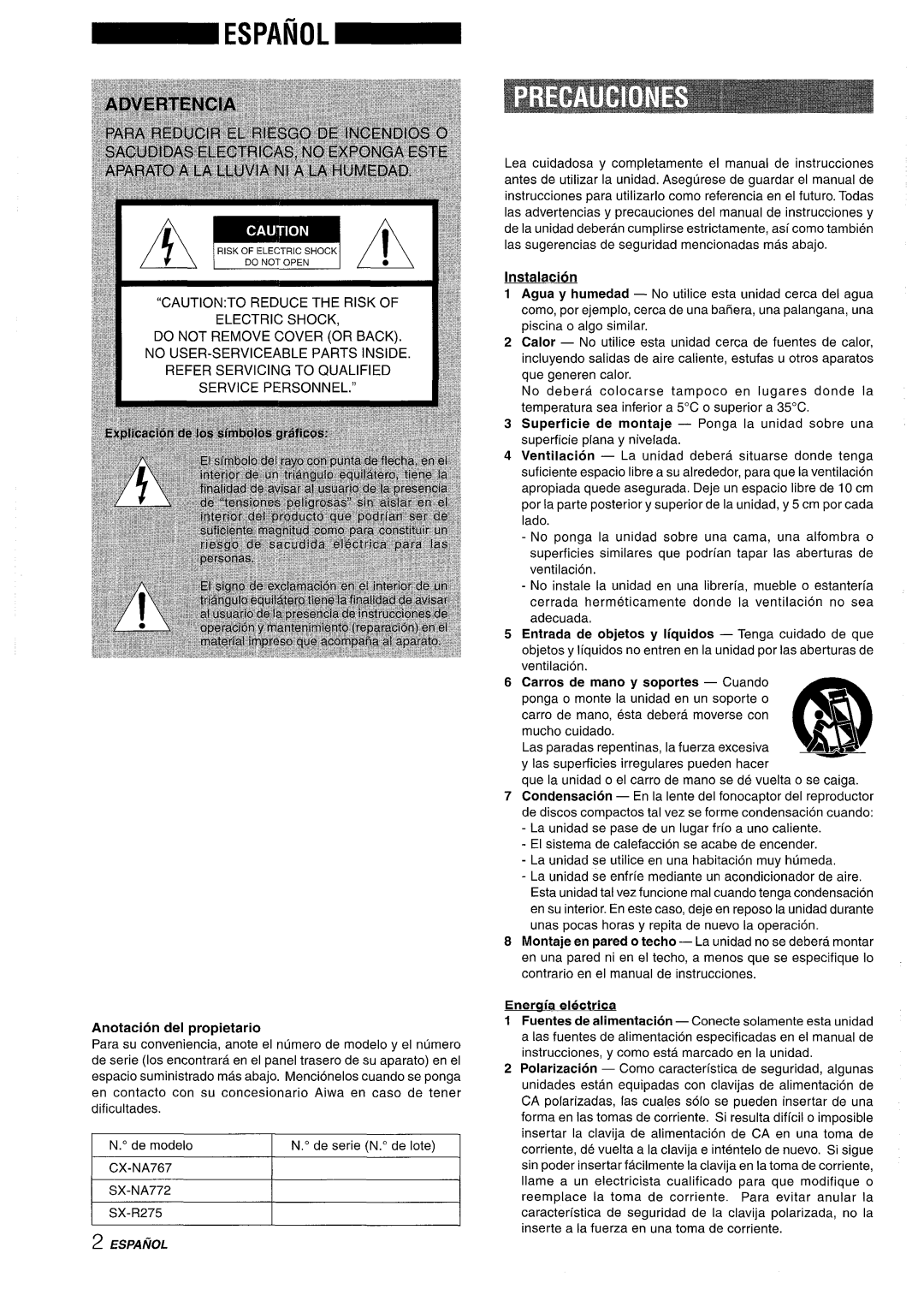 Sony NSX-A767 manual Anotacion del propietario, Instalacion, Carros de mano y soportes - Cuando, Energia electrica 
