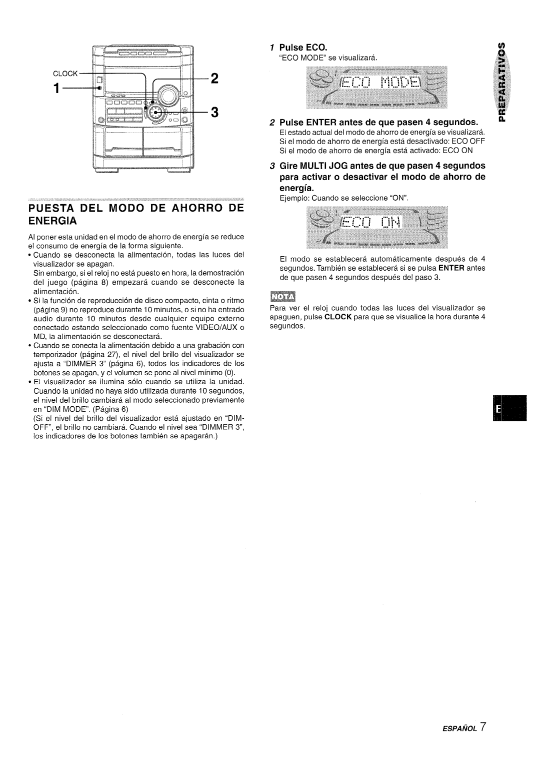 Sony NSX-A767 manual PUESTi ‘DEL MObO”” DE AliO’RRO” QE ENERGIA, Pulse ECO, Pulse ENTER antes de que pasen 4 segundos 