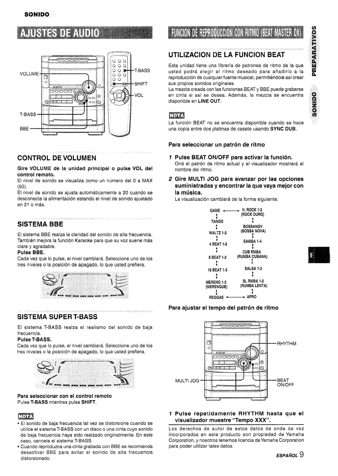 Sony NSX-A767 ~~~+--Ii, Pulse T-BASS, Control De Volumen, Utilization, De La Funcion Beat, SISTfEMA BBE, Pulse 1313E” 