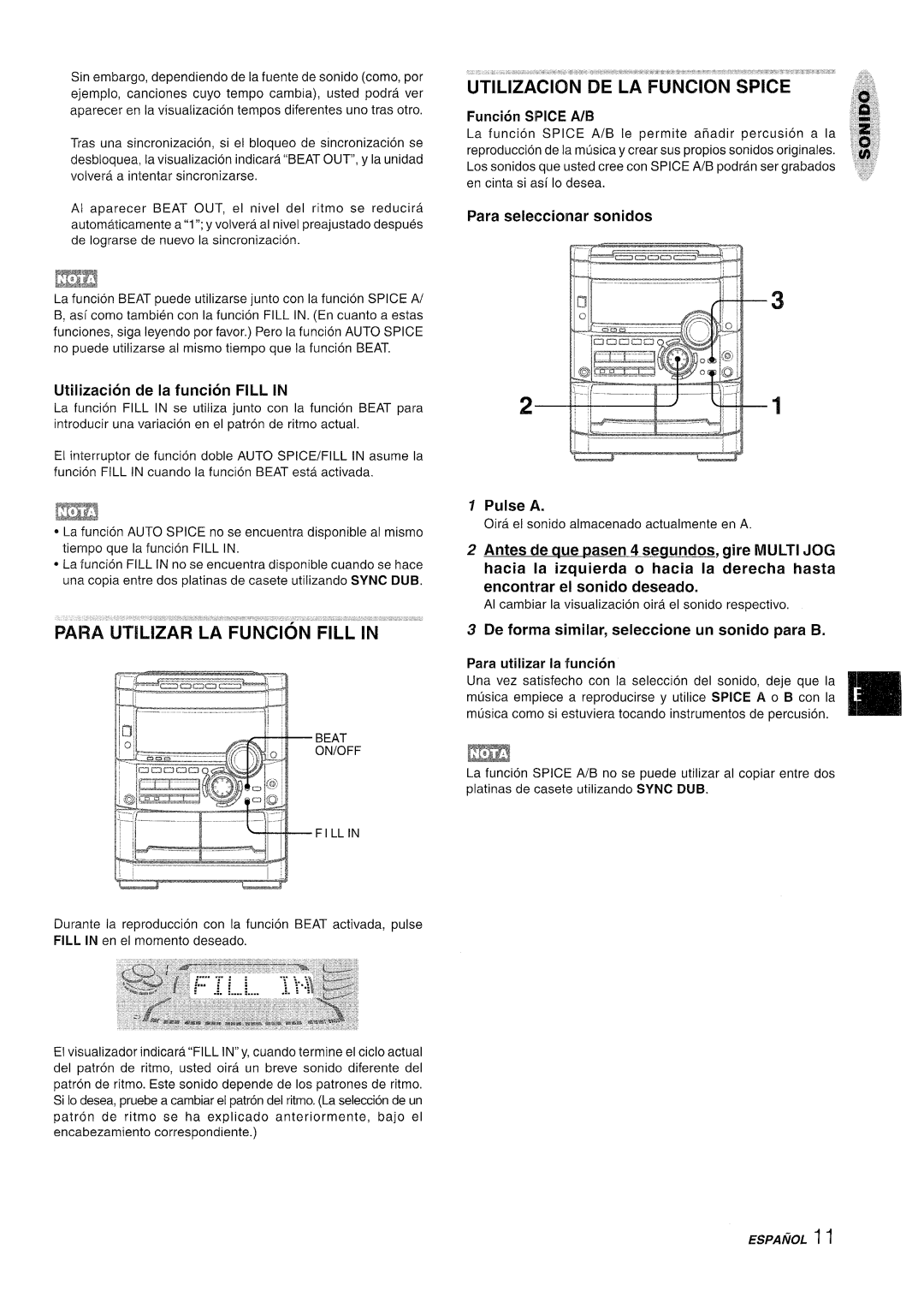 Sony NSX-A767 manual Para seleccionar sonidos, Utilization de la funcion FILL IN, Y Pulse A 