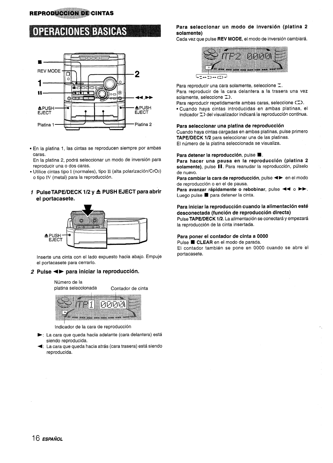 Sony NSX-A767 manual 44,W, PulseTAPE/DECK 1/2 y A PUSH EJECT para abrir el portacasete, Pulse para iniciar la reproduction 