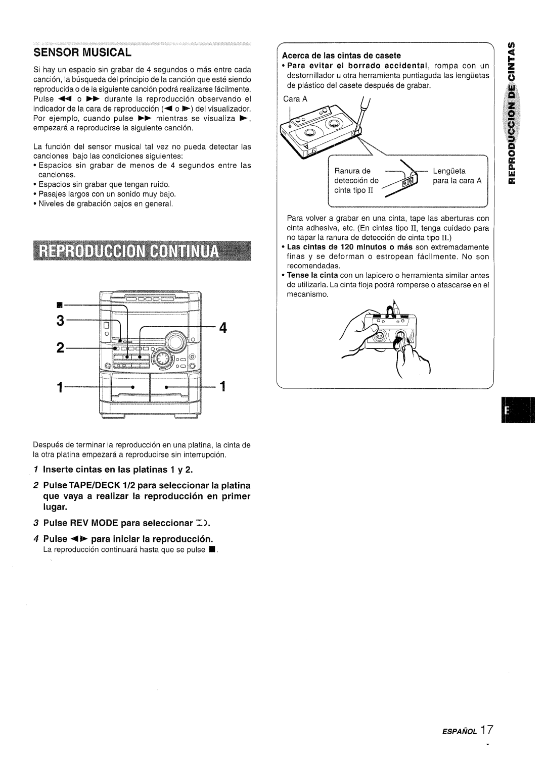 Sony NSX-A767 manual Irwerte cintas en Ias platinas 1 y, Pulse TAPE/DECK 1/2 para sehxxionar la platina 