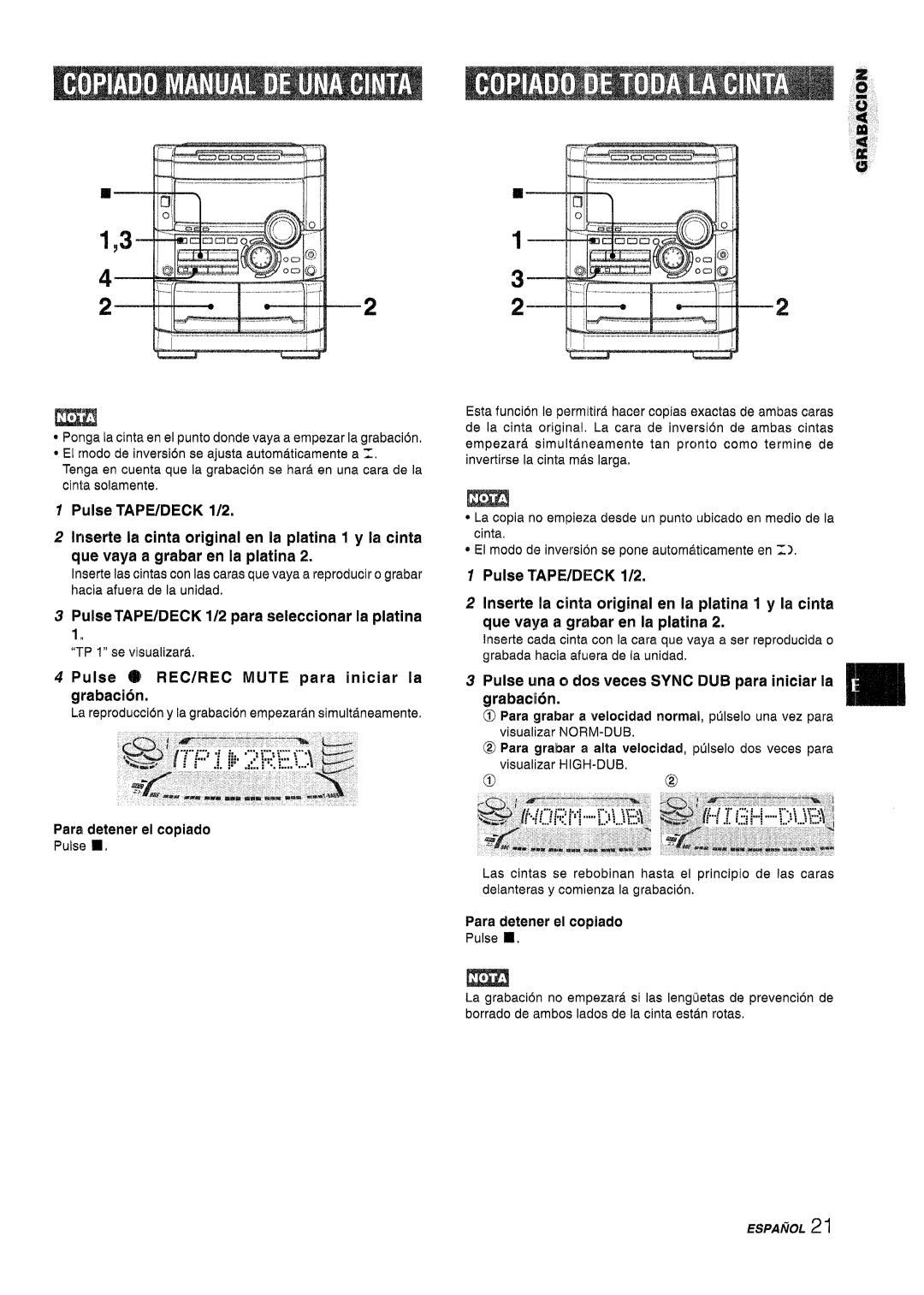 Sony NSX-A767 manual ‘i..,,, .,,,-+--II, We vaya a grabar en la platina, Pulse TAPE/DECK 1/2 para seleccionar la platina 